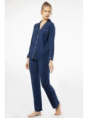 Türen Lacivert Düğmeli Gömlek Yaka Uzun Kollu Kadın Pijama Takım Türen Türen 3365 - Alternatif Görünüm