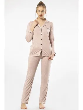 Türen Düğmeli Gömlek Yaka Uzun Kollu Kadın Pijama Takım Türen Türen 3365
