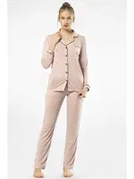 Düğmeli Gömlek Yaka Uzun Kollu Kadın Pijama Takım Türen Türen 3365 Pudra