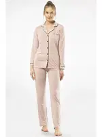 Düğmeli Gömlek Yaka Uzun Kollu Kadın Pijama Takım Türen Türen 3365 Pudra detay görünüm