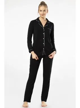 Türen Önden Düğmeli Gömlek Yaka Uzun Kollu Kadın Pijama Takım Türen 3365