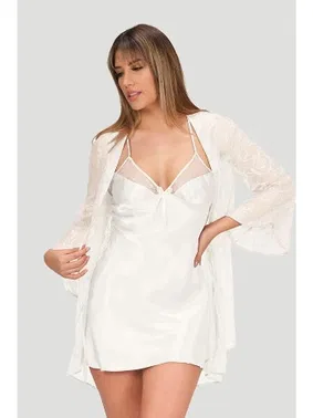 NBB Ekru Dantel Sabahlıklı 2Li Kısa Saten Gecelik Takımı NBB 3150 
