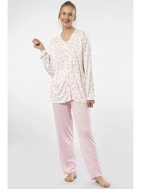 Türen Düğmeli Empirme Battal Uzun Kollu Kadın Pijama Takım Türen 3367