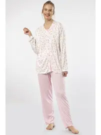 Türen Düğmeli Empirme Battal Uzun Kollu Kadın Pijama Takım Türen 3367