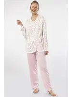 Düğmeli Empirme Battal Uzun Kollu Kadın Pijama Takım Türen 3367 Pembe