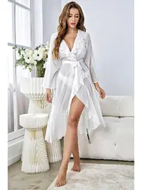 NightLight Fırfır Detaylı Beyaz Sabahlık Takımı 3434