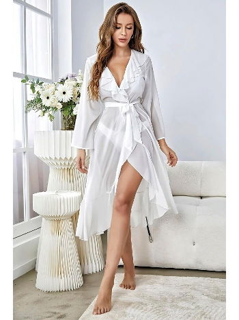Fırfır Detaylı Beyaz Sabahlık Takımı 3434