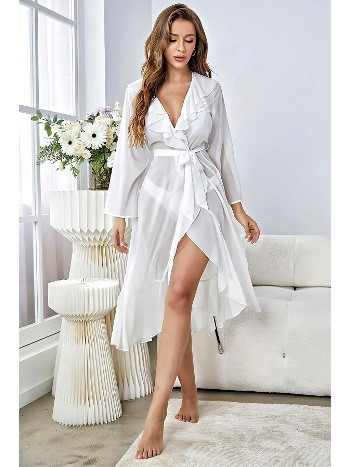 Fırfır Detaylı Beyaz Sabahlık Takımı 3434