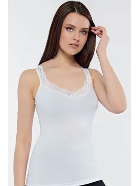 Kolcu Geniş Dantel Askılı Güpürlü Kadın Atlet Beyaz Kolcu KB2590