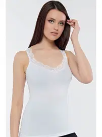 Kolcu Geniş Dantel Askılı Güpürlü Kadın Atlet Beyaz Kolcu KB2590