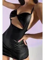 Göğüs Altı Dekolteli Fantezi Deri Mini Elbise Phevos 011-008024 Siyah farklı açı