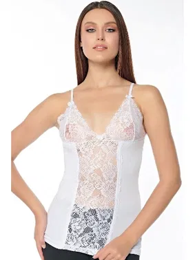 Kolcu Göğüs Dantel İşlemeli Kadın Beyaz Atlet KB2580