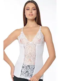 Kolcu Göğüs Dantel İşlemeli Kadın Beyaz Atlet KB2580