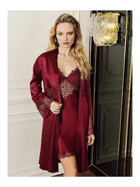 Perin Göğüs Dantelli Kısa Saten Gecelik Sabahlık 2Li Çeyiz Seti Perin 4016 - Alternatif Görünüm