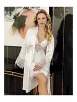 Göğüs Dantelli Kısa Saten Gecelik Sabahlık 2Li Çeyiz Seti Perin 4016 Ekru farklı açı