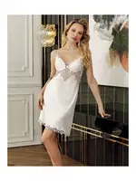 Göğüs Dantelli Kısa Saten Gecelik Sabahlık 2Li Çeyiz Seti Perin 4016 Ekru görsel 4