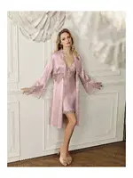 Göğüs Dantelli Kısa Saten Gecelik Sabahlık 2Li Çeyiz Seti Perin 4016 Pudra görsel 7