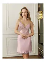 Göğüs Dantelli Kısa Saten Gecelik Sabahlık 2Li Çeyiz Seti Perin 4016 Pudra görsel 8