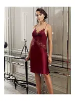 Kısa Saten Güpürlü Gecelik Sabahlık 2Li Çeyiz Seti Perin 4017 Bordo detay görünüm