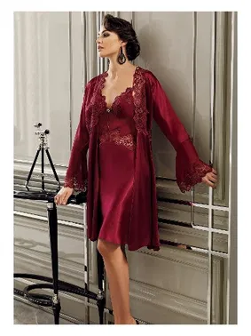 Perin Kısa Saten Güpürlü Gecelik Sabahlık 2Li Çeyiz Seti Perin 4017