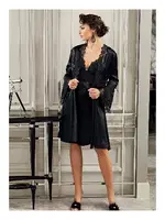 Kısa Saten Güpürlü Gecelik Sabahlık 2Li Çeyiz Seti Perin 4017 Siyah görsel 6