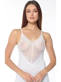 Kolcu Kalp Desen Dantel İşlemeli Askılı Kadın Beyaz Atlet KB2570