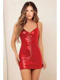 Phevos Kırmızı Bağcıklı Fantezi Lame Deri Mini Elbise Phevos 011-008044