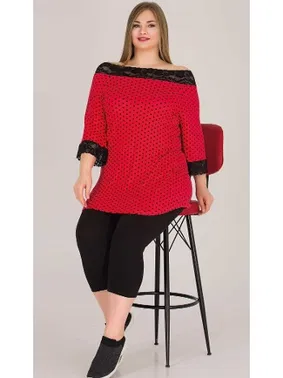 Lady Kırmızı Puantiyeli Kapri Büyük Beden Pijama Takım Lady 10572