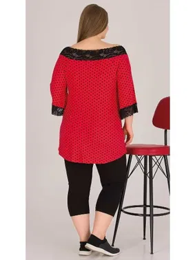 Lady Kırmızı Puantiyeli Kapri Büyük Beden Pijama Takım Lady 10572 - Alternatif Görünüm