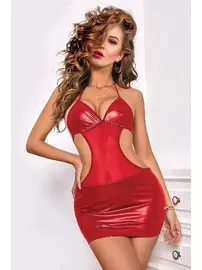Phevos Kırmızı Sırt Dekolteli Deri Fantezi Mini Elbise Phevos 011-008021