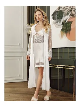 Perin Kısa Saten Gecelik Sabahlık Güpürlü 2Li Çeyiz Seti Perin 4019