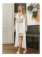 Kısa Saten Gecelik Sabahlık Güpürlü 2Li Çeyiz Seti Perin 4019 Ekru