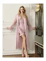 Kısa Saten Gecelik Sabahlık Güpürlü 2Li Çeyiz Seti Perin 4019 Pudra görsel 7