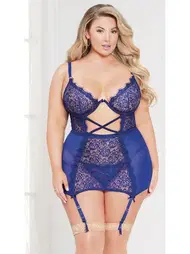 For Dreams Mavi Dantel Detaylı Fantezi Büyük Beden Jartiyer Takım For Dreams 8312