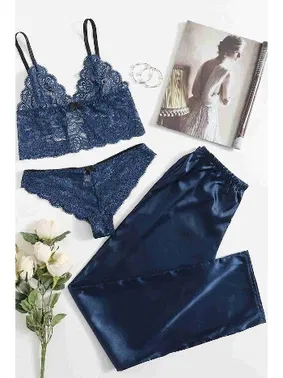 Merry See Dantel Sütyen Külot Saten Pijama Alt 3 lü Takım MS4062-Lacivert