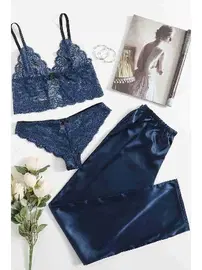 Merry See Dantel Sütyen Külot Saten Pijama Alt 3 lü Takım MS4062-Lacivert