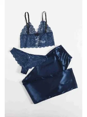 Merry See Dantel Sütyen Külot Saten Pijama Alt 3 lü Takım MS4062-Lacivert - Alternatif Görünüm