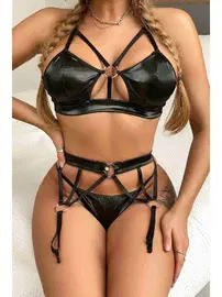 Merry See Deri Görünümlü Jartiyerli Fantazi Sütyen Külot Takım Siyah Merry See MS9154