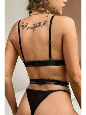 Merry See Deri Görünümlü Jartiyerli Fantazi Sütyen Külot Takım Siyah Merry See MS9154 - Alternatif Görünüm