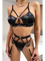 Deri Görünümlü Jartiyerli Fantazi Sütyen Külot Takım Siyah Merry See MS9154 Siyah görsel 4