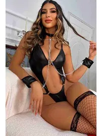 Merry See Merry See Deri Görünümlü Zincirli Kelepçeli Fantezi iç Giyim MS9153-Siyah