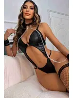 Merry See Deri Görünümlü Zincirli Kelepçeli Fantezi iç Giyim MS9153-Siyah Siyah farklı açı