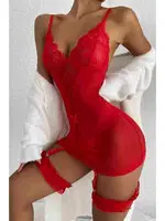 Erotik Gecelik Jartiyer Takım Kırmızı Merry See MS2666 Kırmızı görsel 4