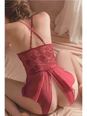 Merry See Özel Bölgesi Açık Fantezi İç giyim Gecelik Body Kırmızı Merry See MS3119 - Alternatif Görünüm