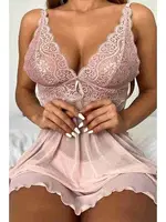 Merry See Şık Tül Dantel Gecelik Babydoll Takım Pembe MS2200 Pembe farklı açı