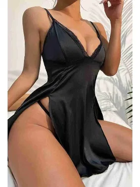 Merry See Merry See Yanlardan Yırtmaçlı Gecelik Siyah MS3109