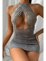 Mite Love Kadın Dantel Detaylı Simli Süprem Fantezi Elbise Gri