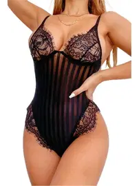 NightLight Night Light Çizgili Siyah Dantel Body 3345