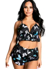 NightLight Night Light Kelebekli Siyah Saten Mini Şortlu Takım 3365