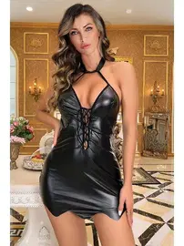 Phevos Özel Tasarım Fantezi Deri Mini Elbise Phevos 011-008035